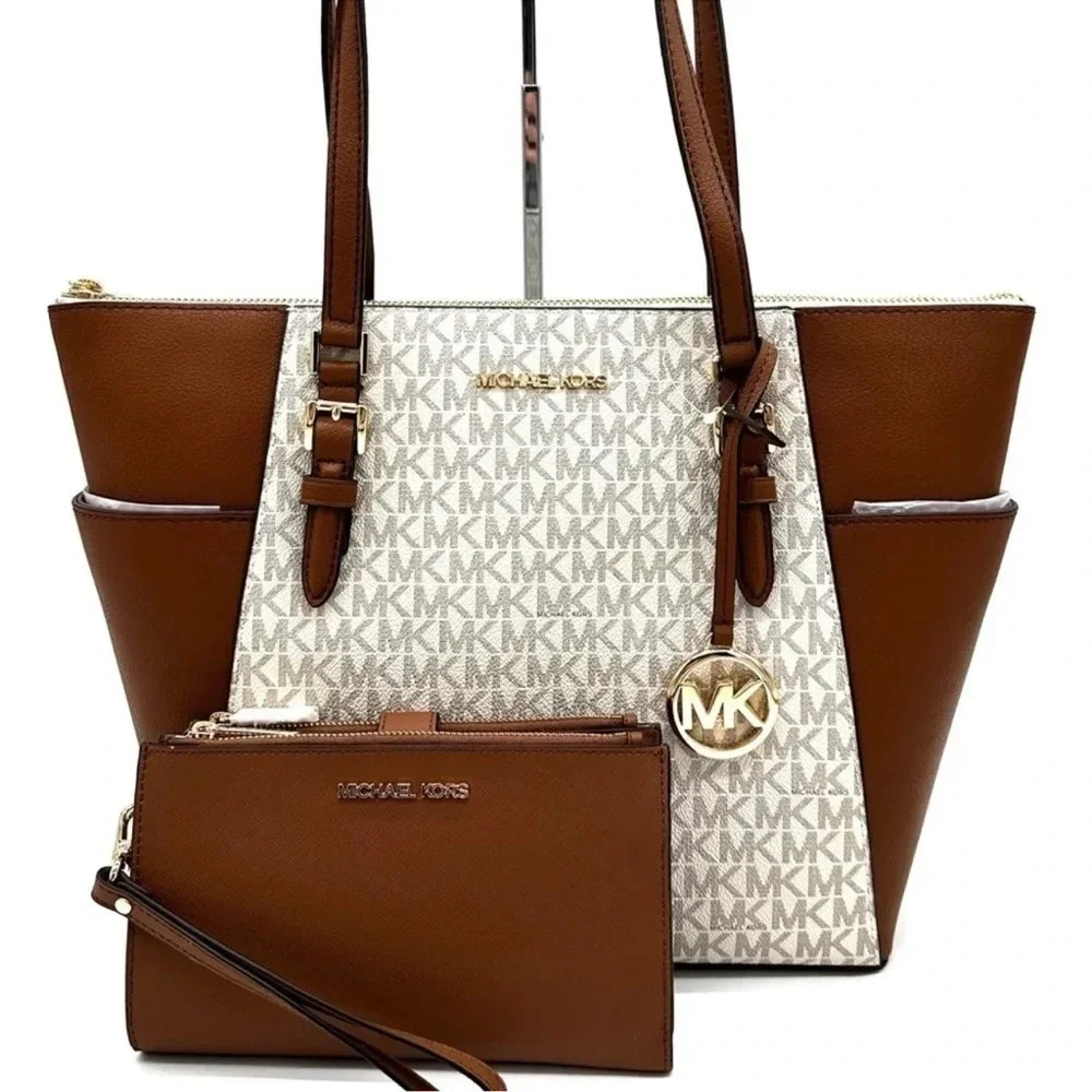 Michael Kors Large Charlotte Tote Bag & Large Double Zip Wallet Vanilla/Brown - Picture 2 of 14
